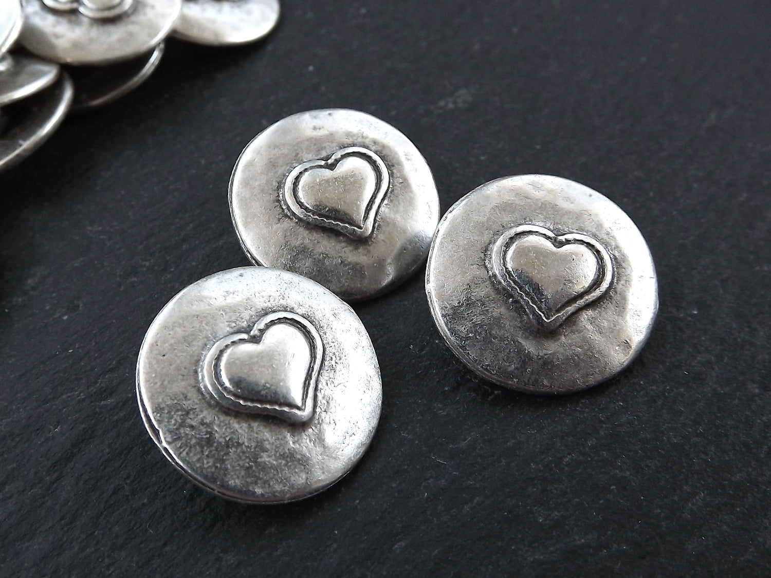 3 Rustic Metal Heart Buttons Matte Antique Silver Plated - Round